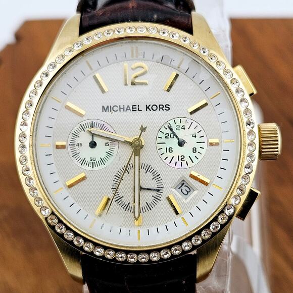 Michael Kors Women's Gold Tone Multi Dial Glitz Watch Brown Leather Band MK-5014 - Picture 2 of 7